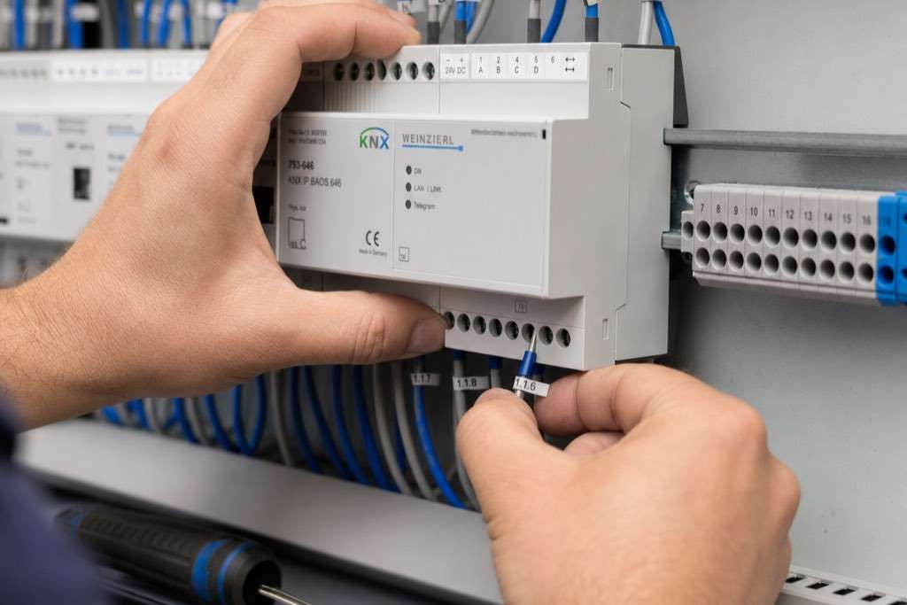 A technician seating a KNX module onto the DIN rail of a lighting control panel, its conductors labelled circuit by circuit